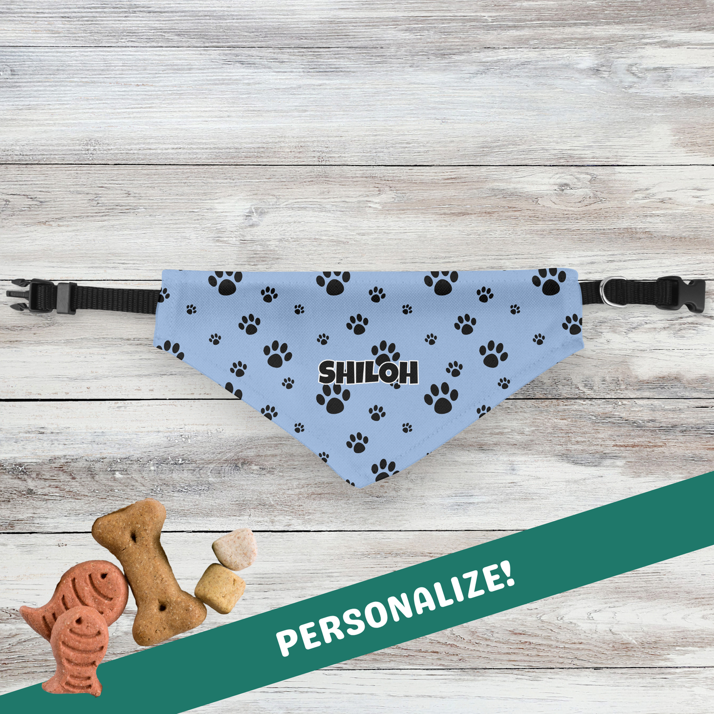 Personalized Clip-on Pet Bandana - Light Blue with Black Paws