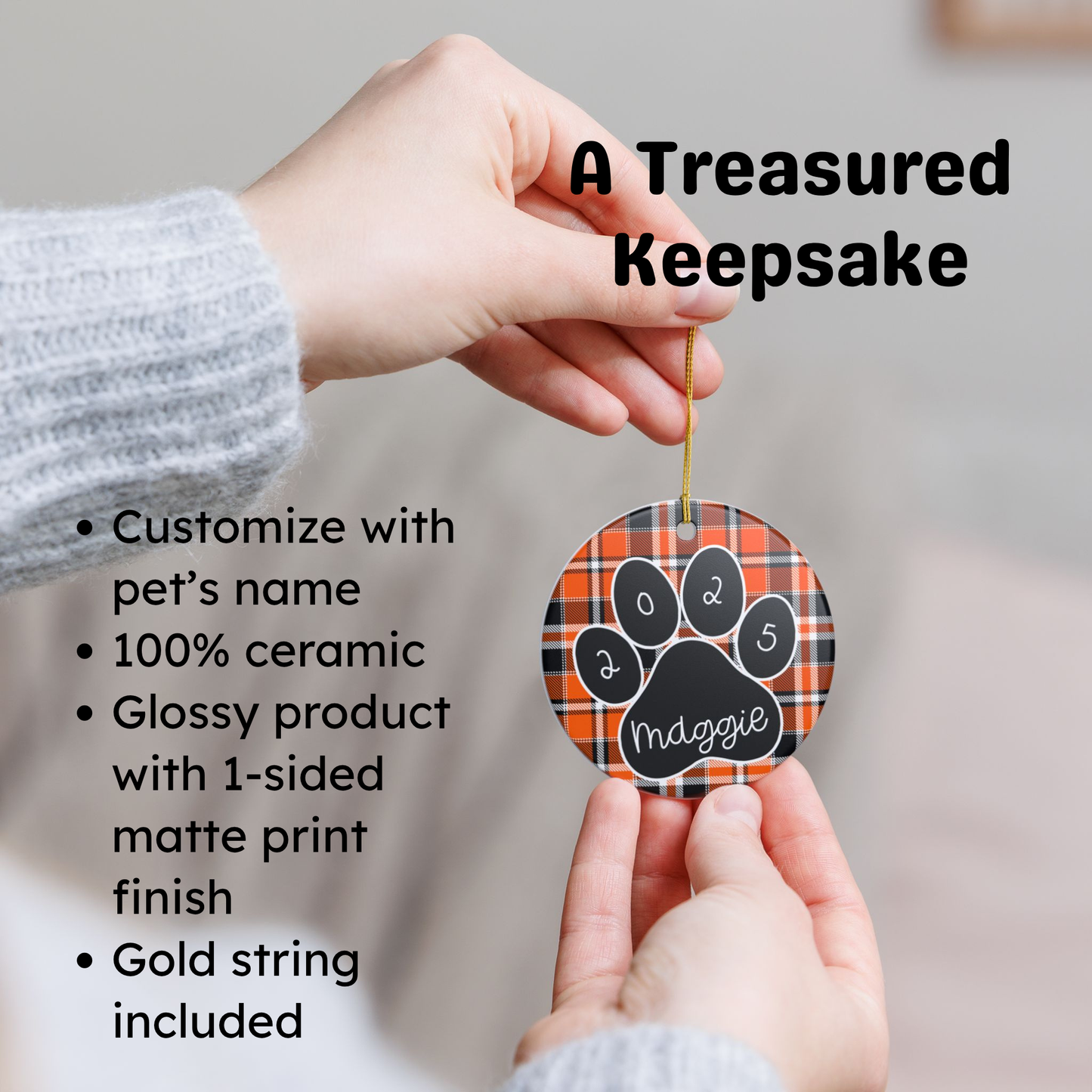 Custom Pet Name Ornament - Orange & Black Tartan 2025