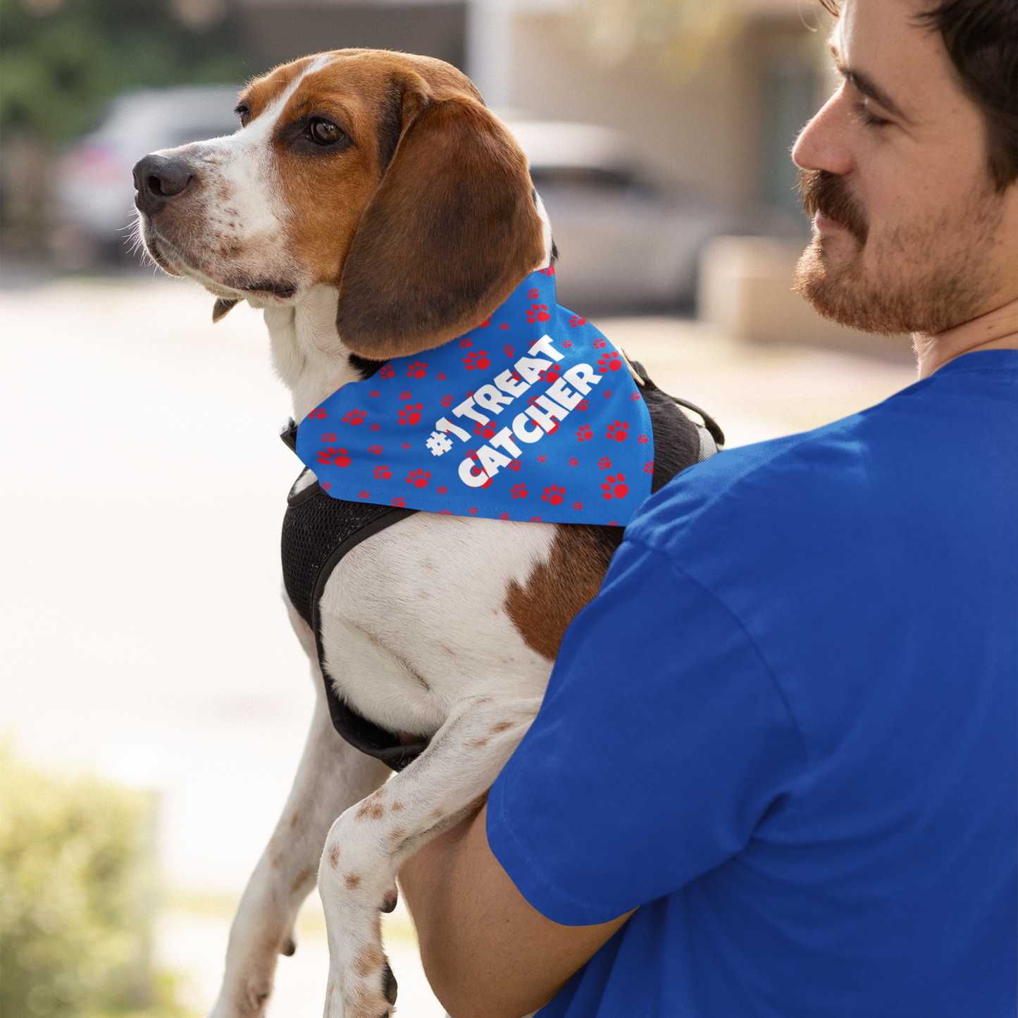 Personalized Clip-on Pet Bandana - Blue with Red Paw Prints