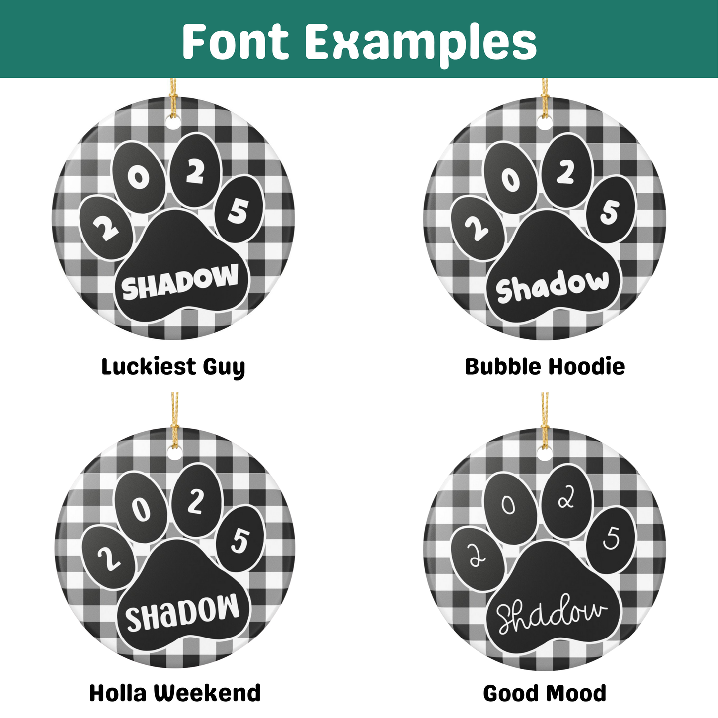 Custom Pet Name Ornament - Black & White Buffalo Plaid 2025