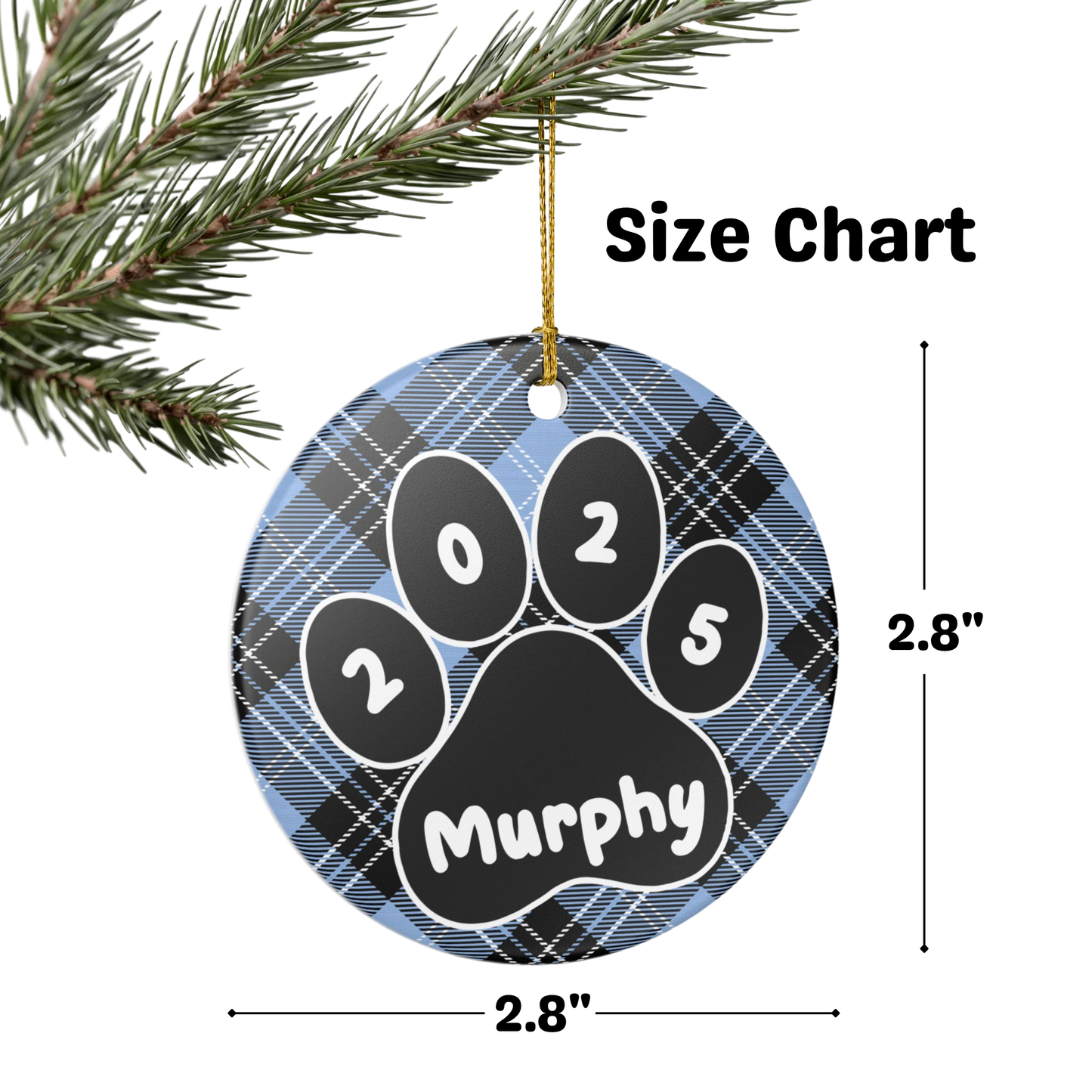 Custom Pet Name Ornament - Light Blue & Black Tartan 2025