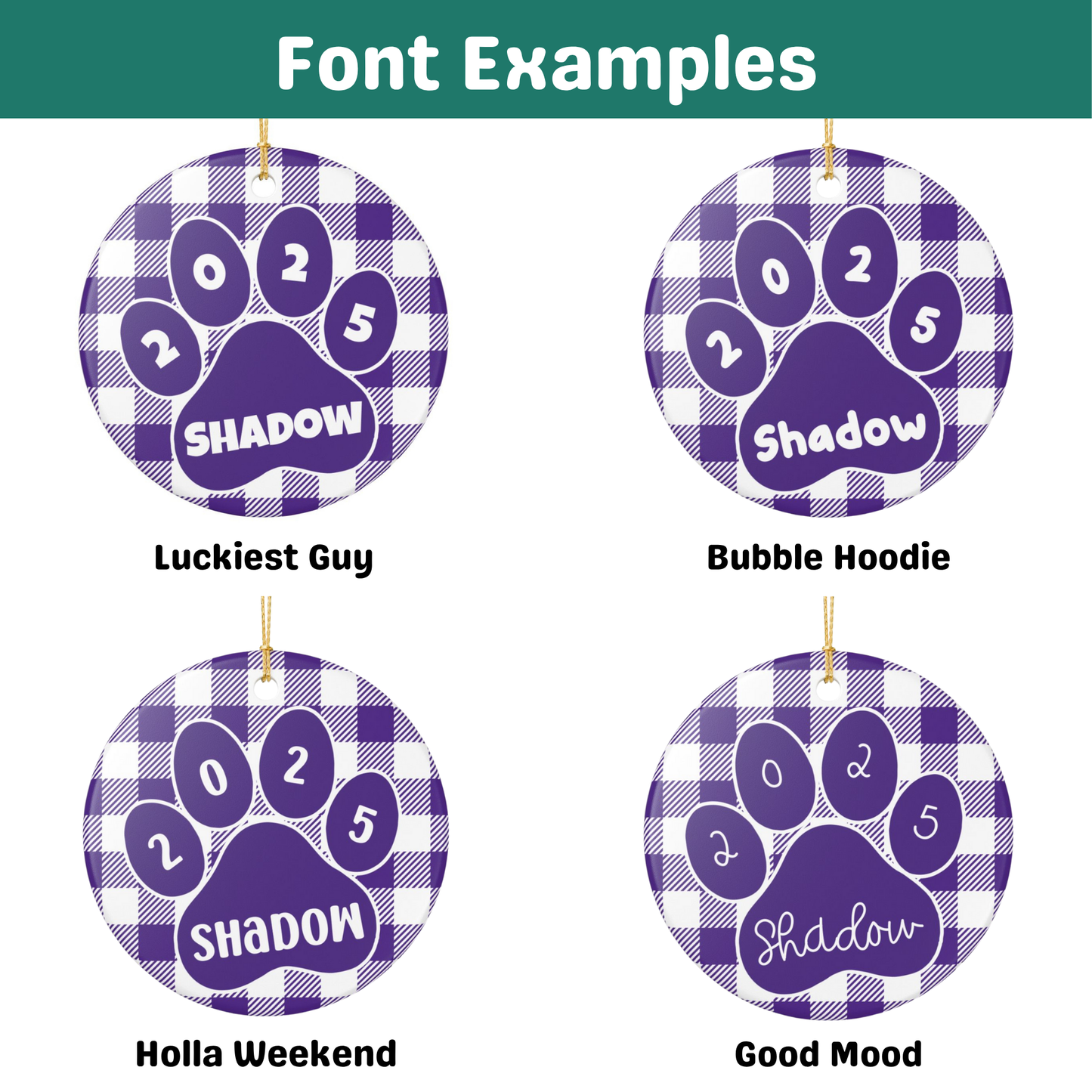 Custom Pet Name Ornament - Purple & White Plaid 2025