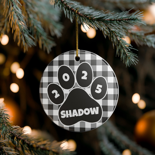 Custom Pet Name Ornament - Black & White Buffalo Plaid 2025