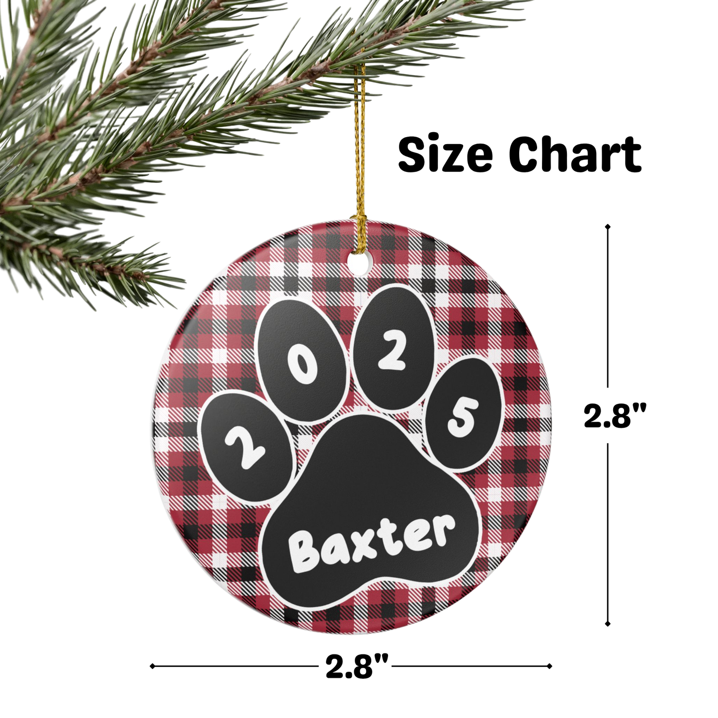 Custom Pet Name Ornament - Red & Black Plaid 2025