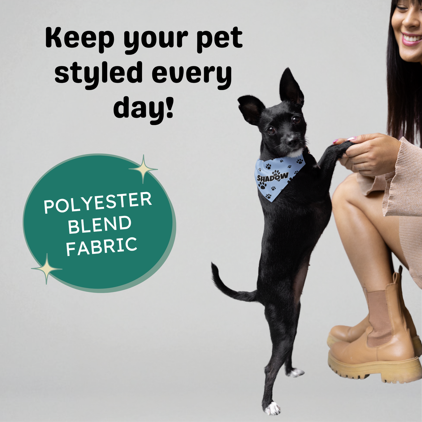 Personalized Clip-on Pet Bandana - Light Blue with Black Paws