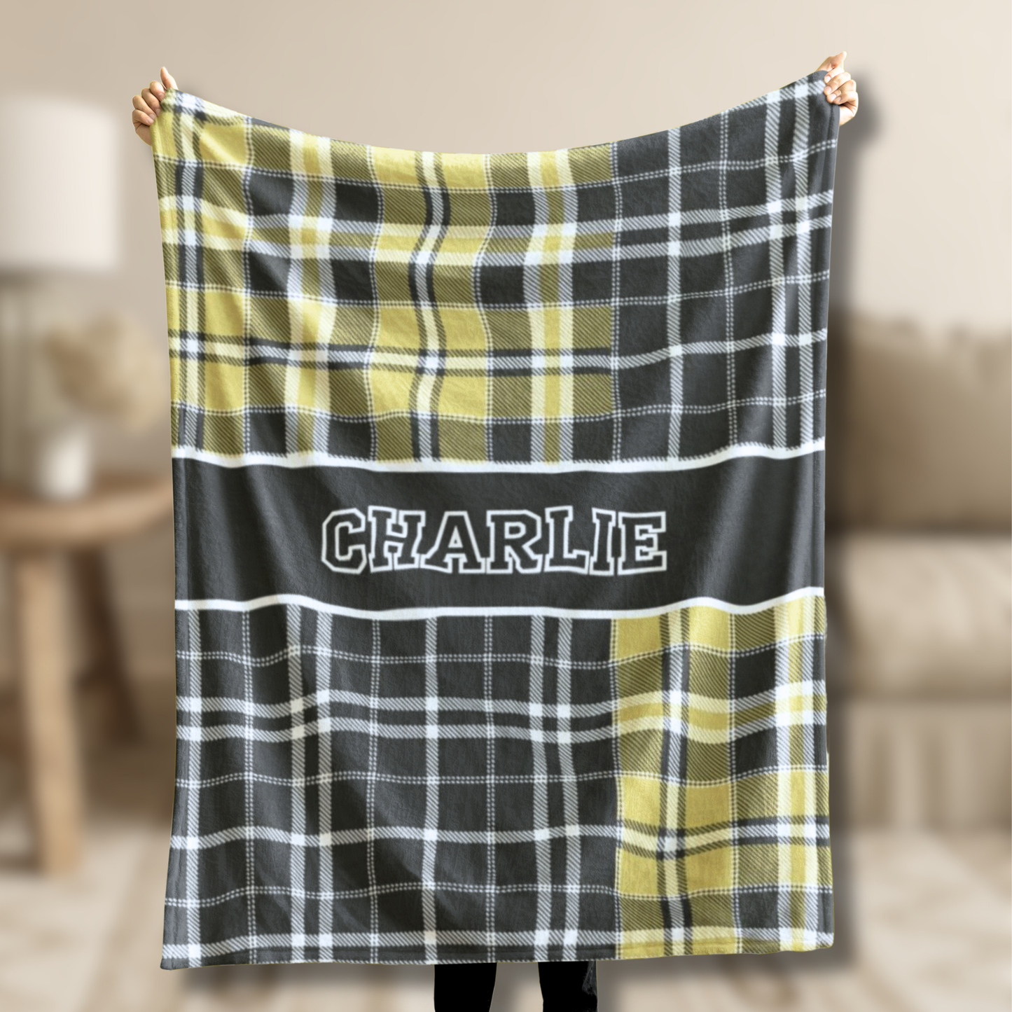 Custom Velveteen Plush Blanket - Black & Gold Plaid