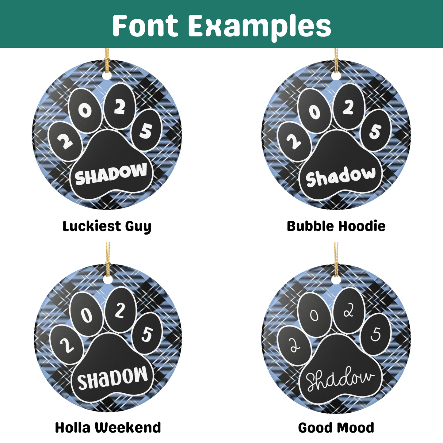 Custom Pet Name Ornament - Light Blue & Black Tartan 2025