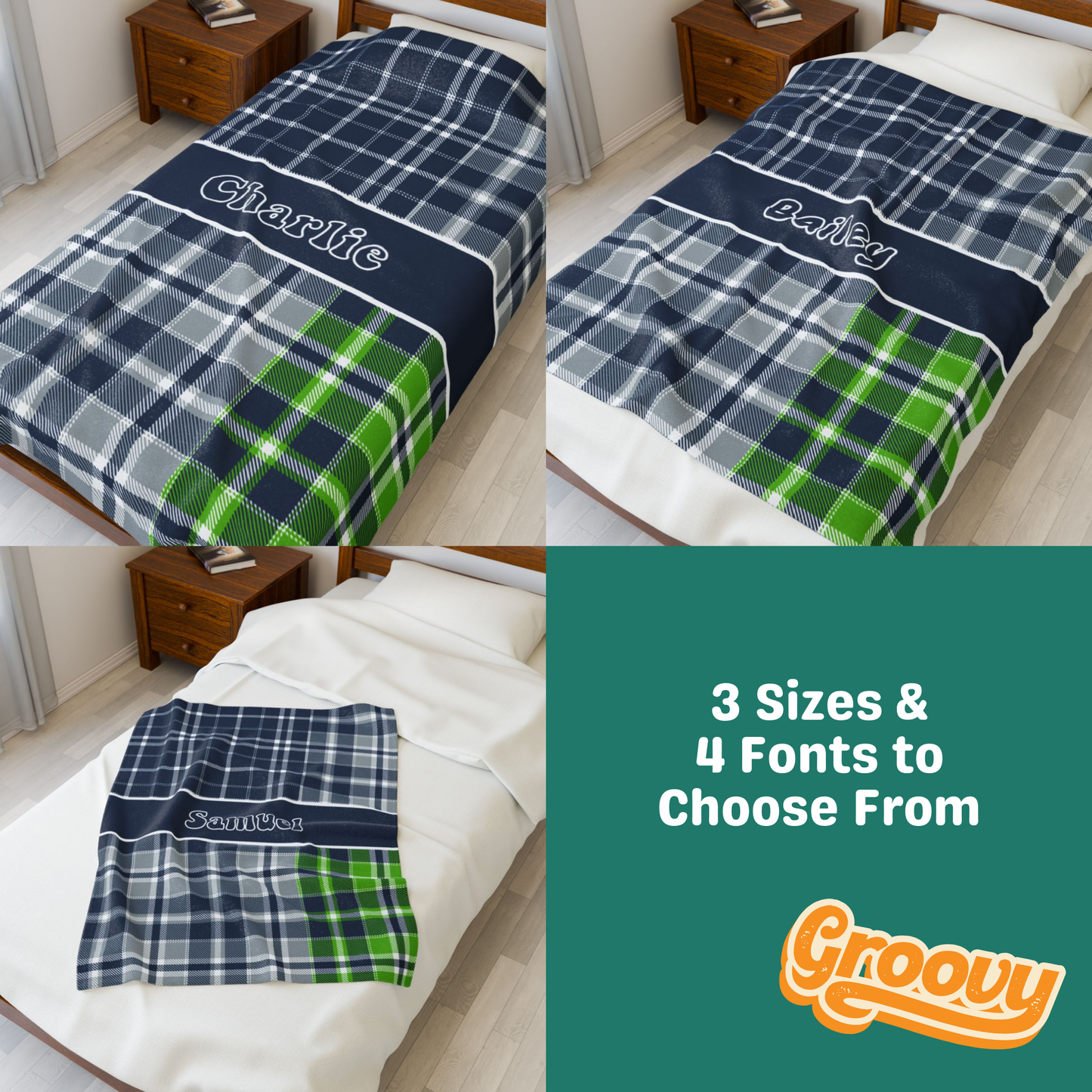 Custom Velveteen Plush Blanket - Navy, Green & Silver Plaid