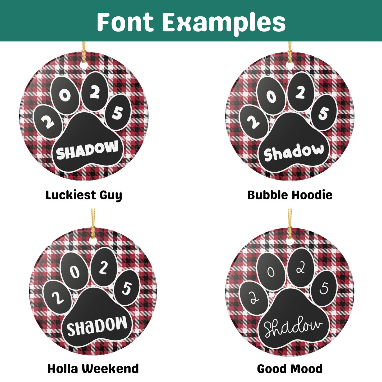 Custom Pet Name Ornament - Red & Black Plaid 2025