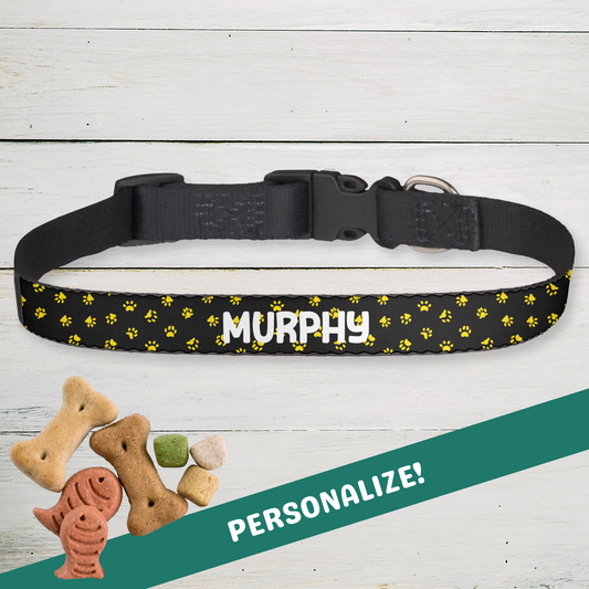 Clip-on Pet Collar - Black with Yellow Paw Prints