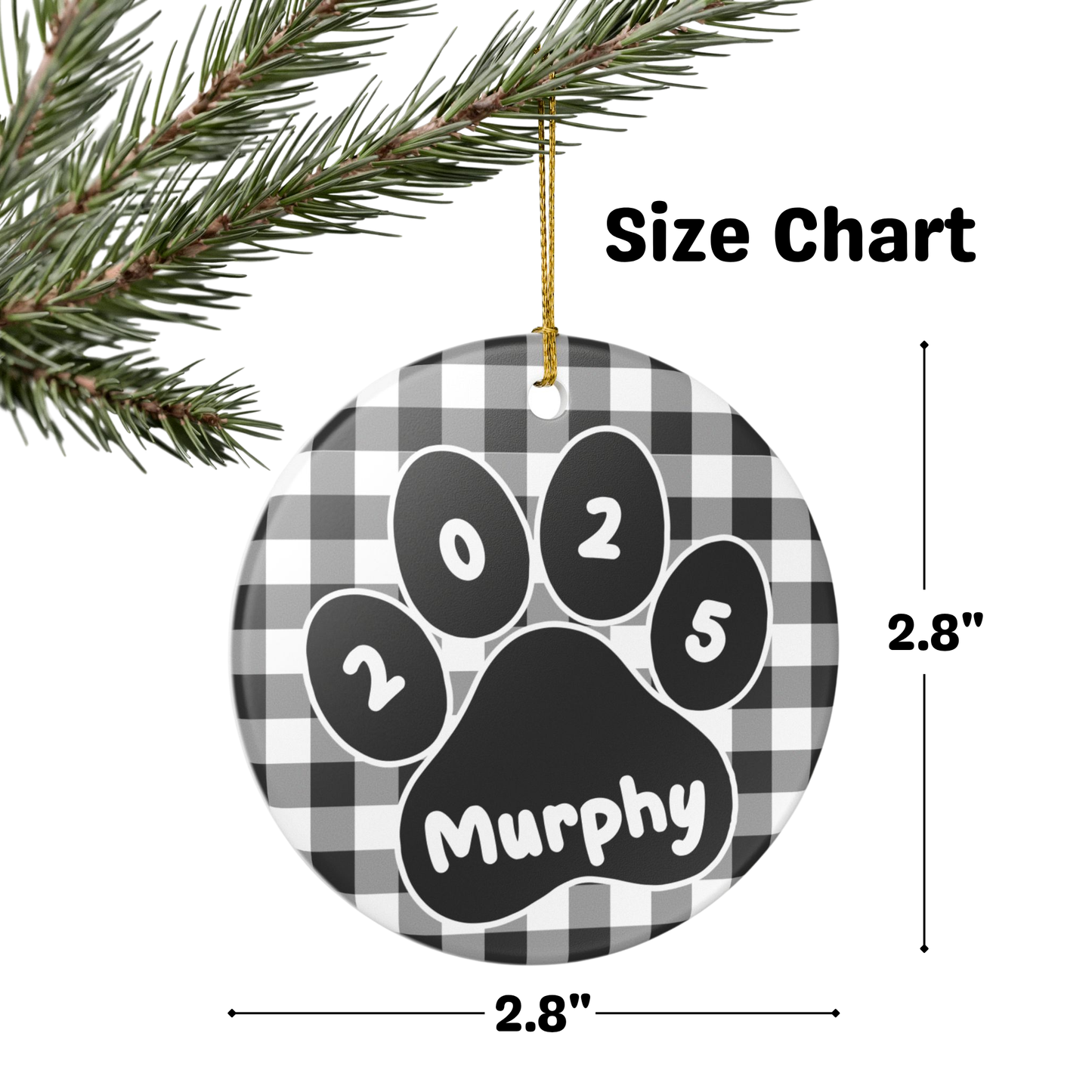 Custom Pet Name Ornament - Black & White Buffalo Plaid 2025