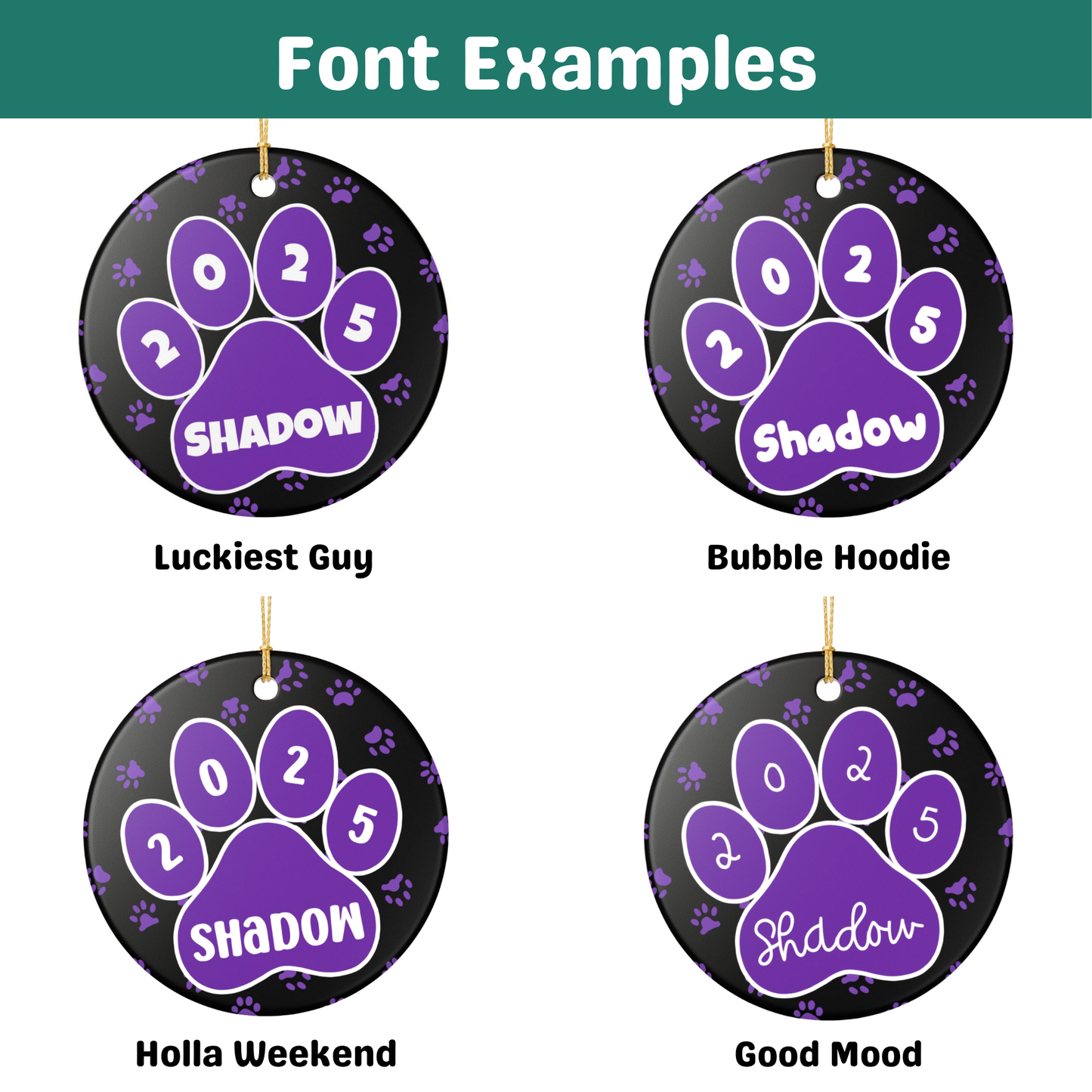 Custom Pet Name Ornament - Black with Purple Paw Prints 2025