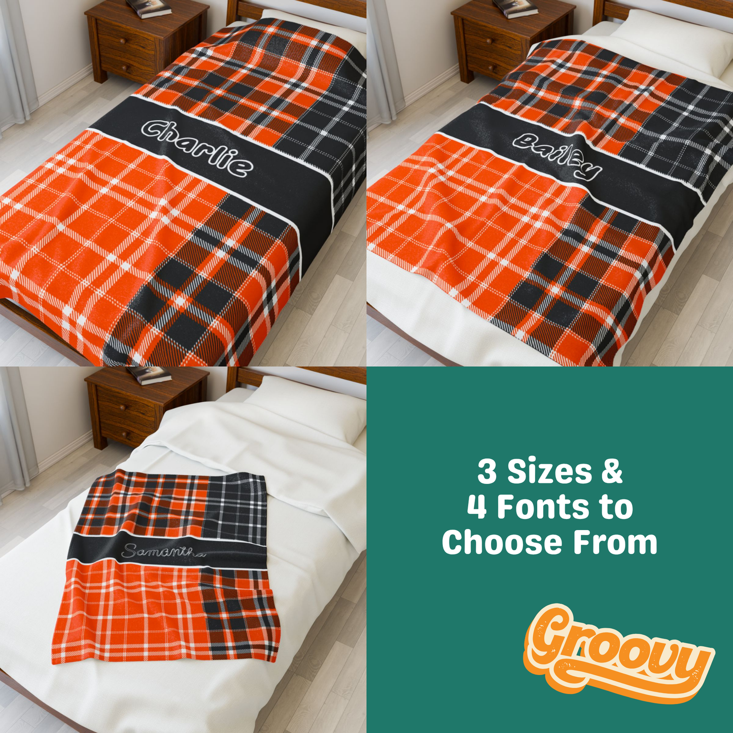 Custom Velveteen Plush Blanket - Black & Orange Plaid