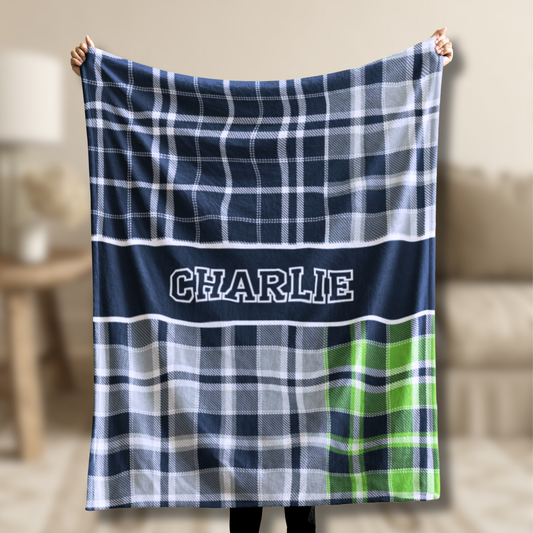 Custom Velveteen Plush Blanket - Navy, Green & Silver Plaid