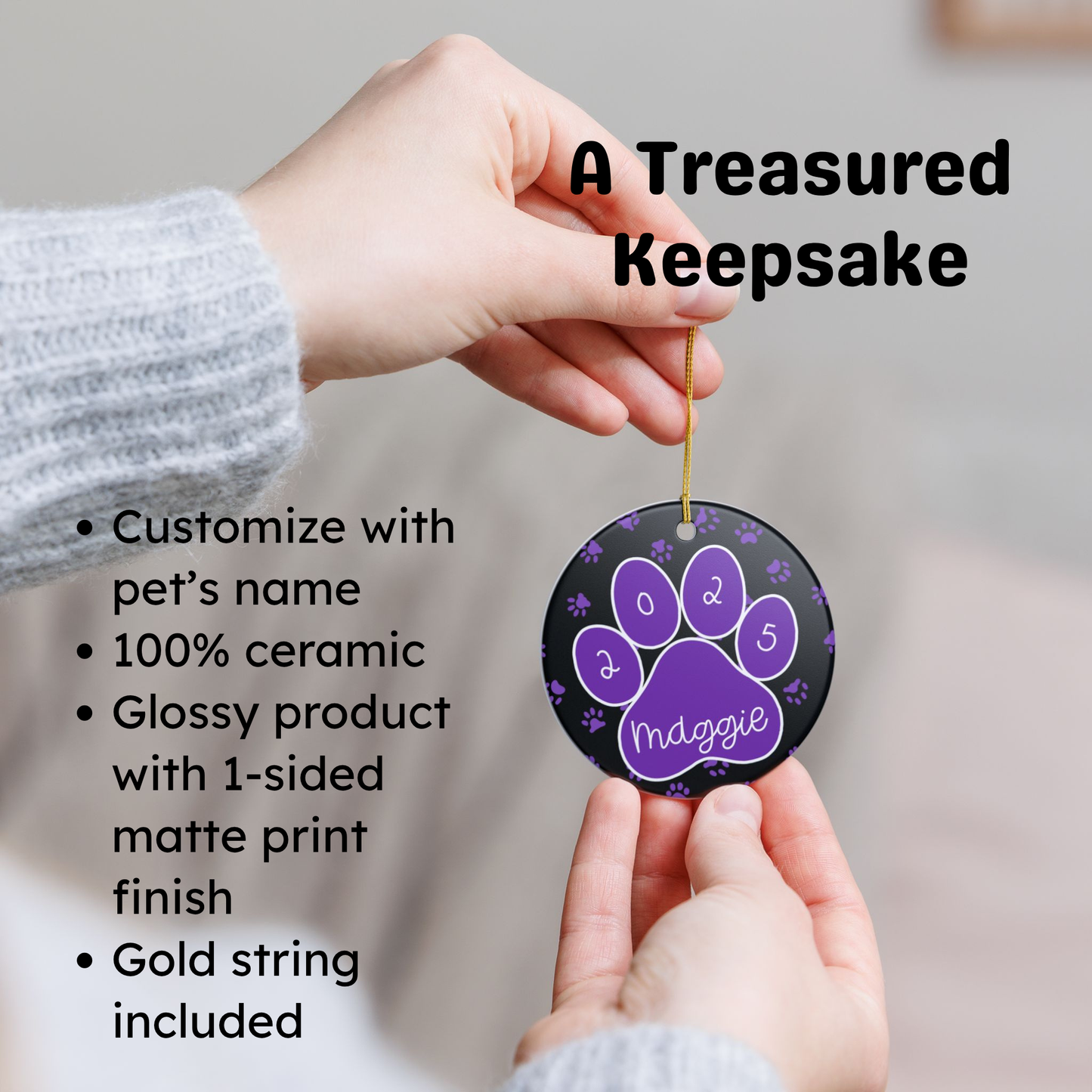Custom Pet Name Ornament - Black with Purple Paw Prints 2025