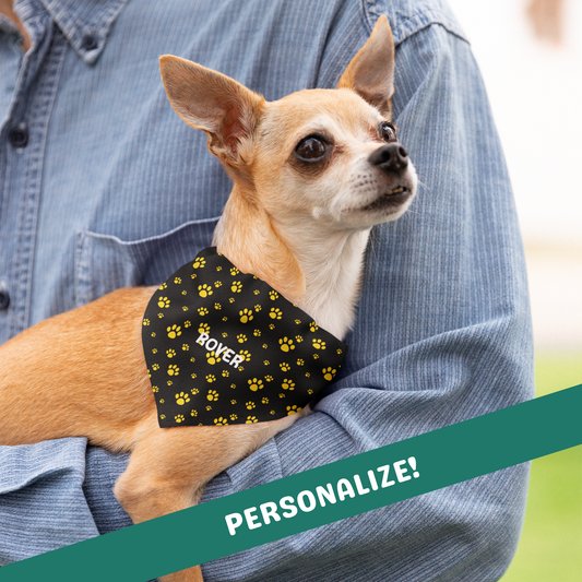 Personalized Clip-on Pet Bandana - Black with Yellow Paw Prints