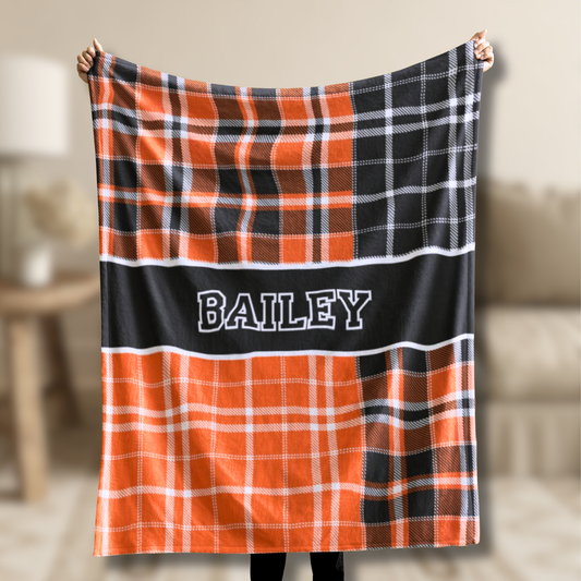 Custom Velveteen Plush Blanket - Black & Orange Plaid