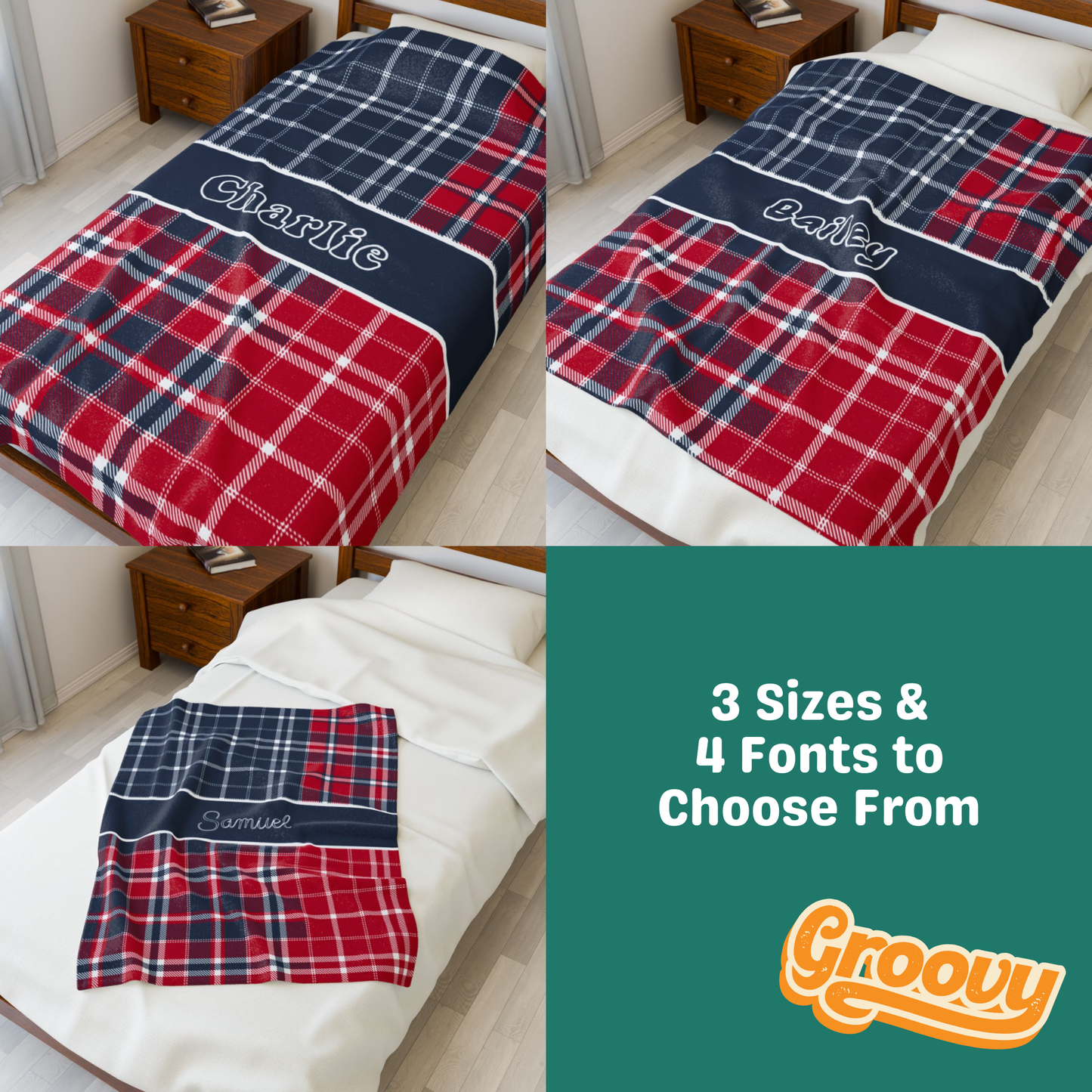 Custom Velveteen Plush Blanket - Navy & Red Plaid