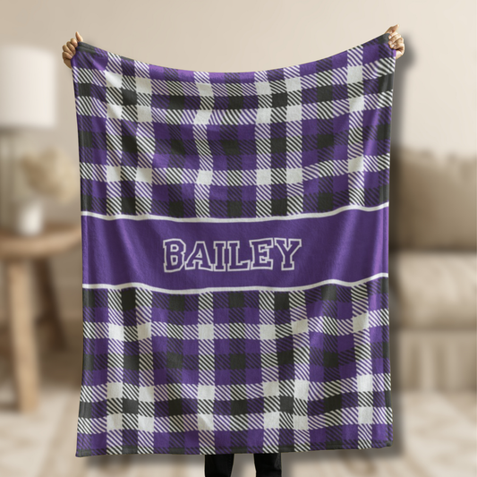Custom Velveteen Plush Blanket - Purple & Black Tartan