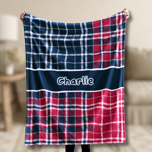Custom Velveteen Plush Blanket - Navy & Red Plaid
