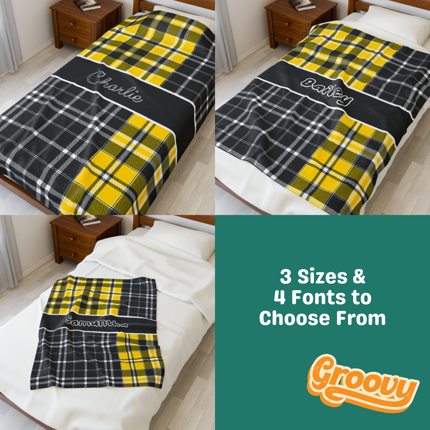 Custom Velveteen Plush Blanket - Black & Yellow Plaid