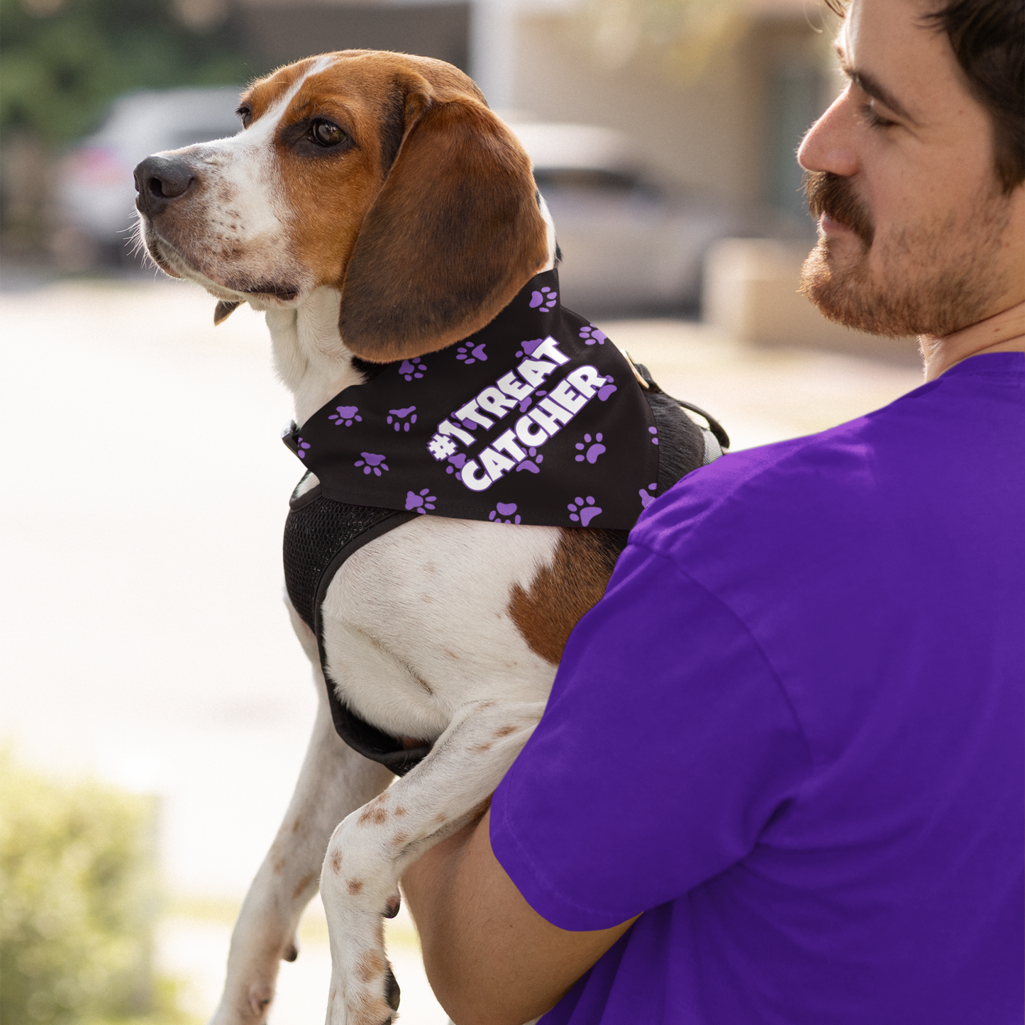 Personalized Clip-on Pet Bandana - Black with Purple Paw Prints