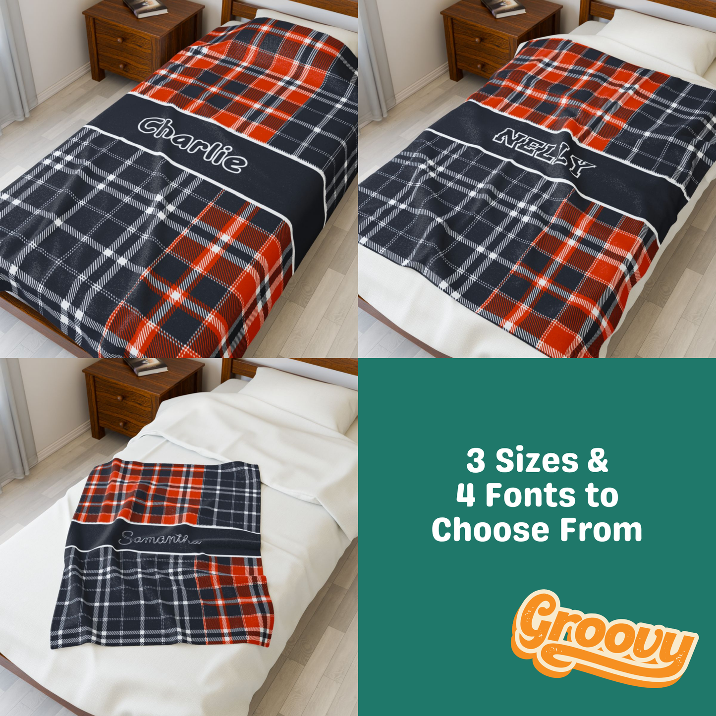 Custom Velveteen Plush Blanket - Navy & Orange Plaid