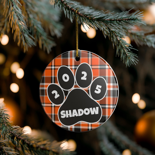 Custom Pet Name Ornament - Orange & Black Tartan 2025