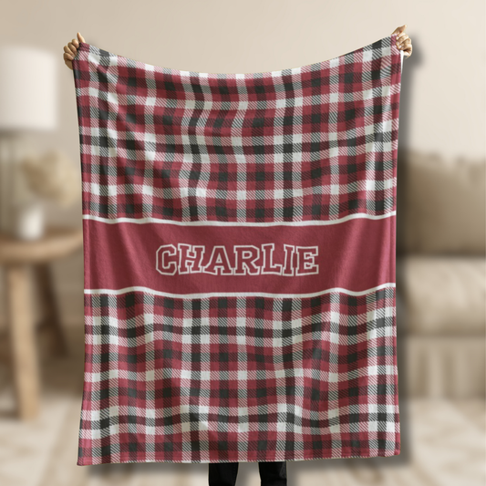 Custom Velveteen Plush Blanket - Crimson Red & Black Plaid