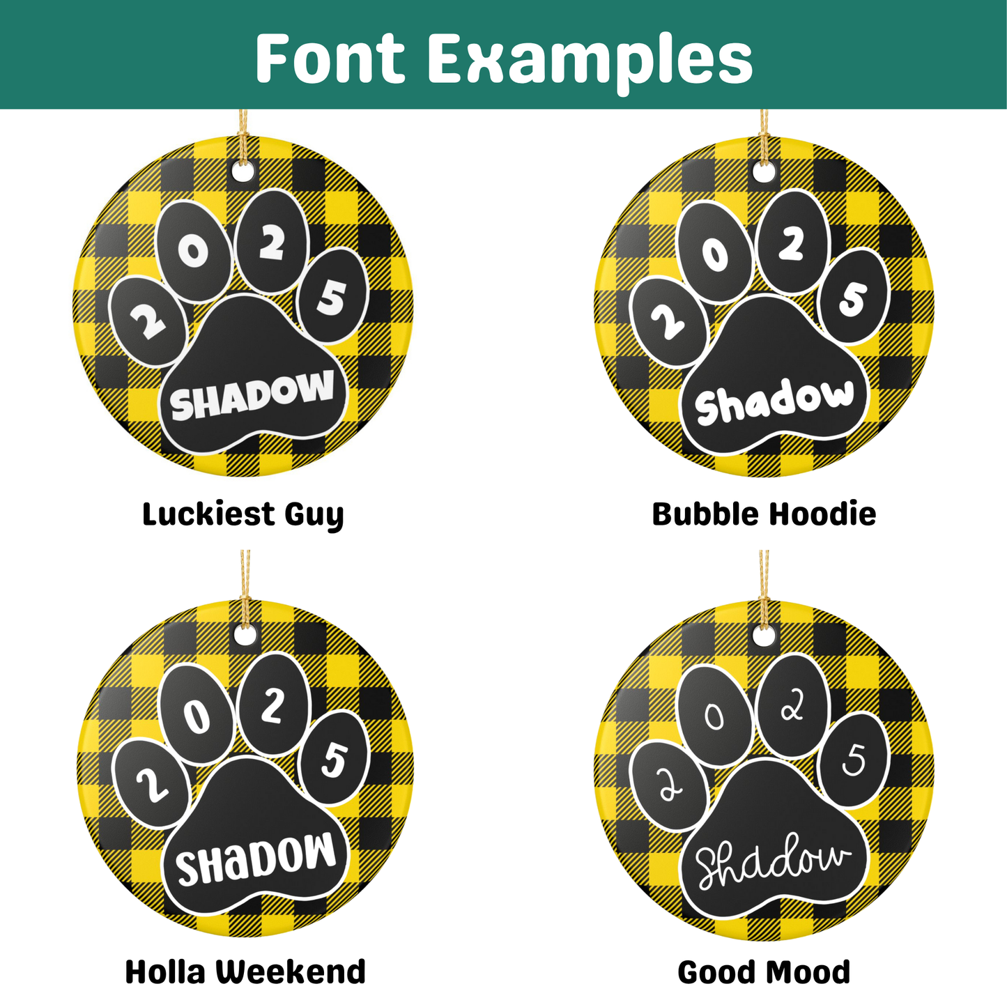 Custom Pet Name Ornament - Black & Yellow Plaid 2025