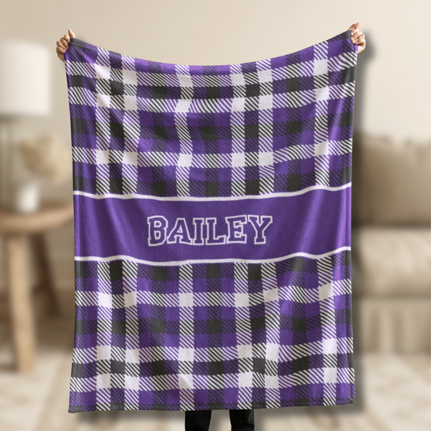Custom Velveteen Plush Blanket - Purple & Black Tartan