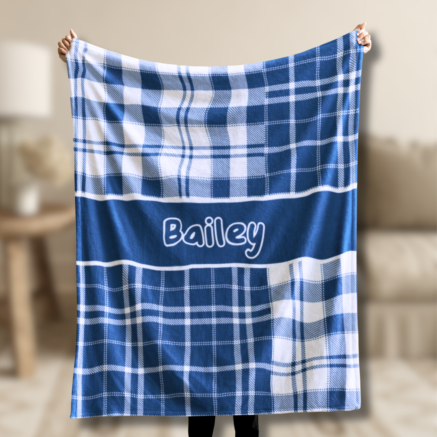 Custom Velveteen Plush Blanket - Azure Blue & White Plaid