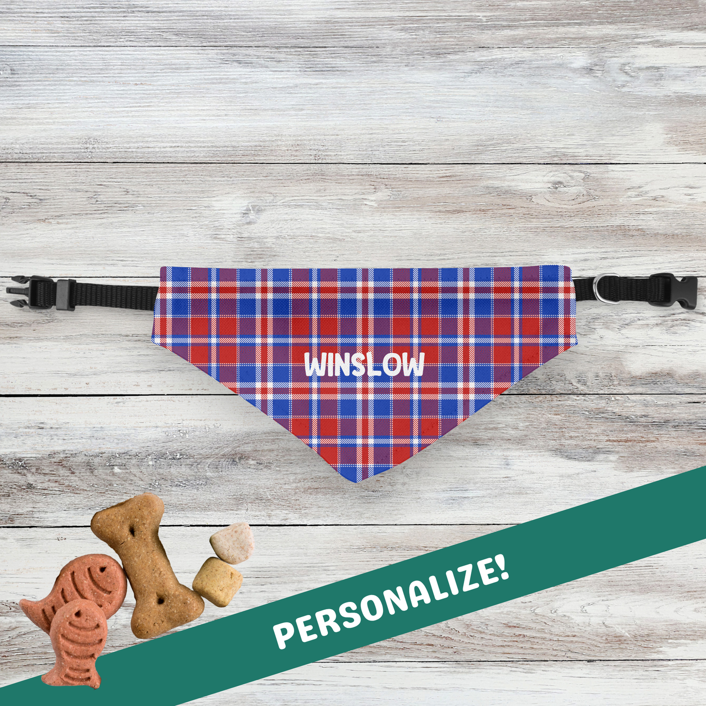 Personalized Clip-on Pet Bandana - Red, White & Blue Plaid