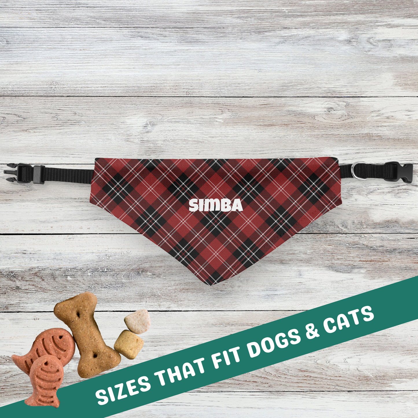 Personalized Clip-on Pet Bandana - Black & Crimson Tartan