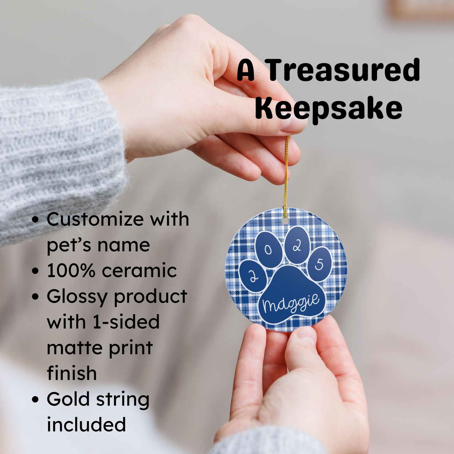 Custom Pet Name Ornament - Azure Blue Plaid 2025