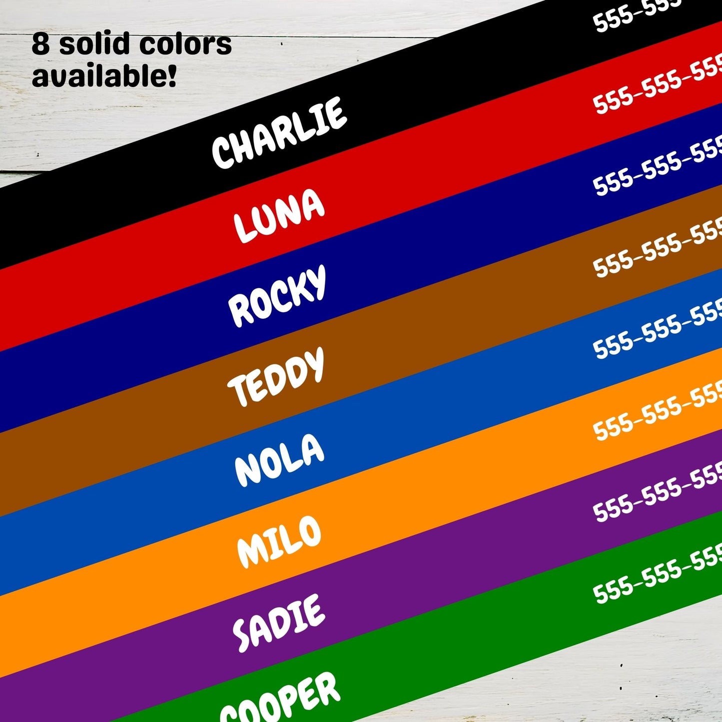 Examples of solid color choices for personalized dog collar from Harmonica Nights.