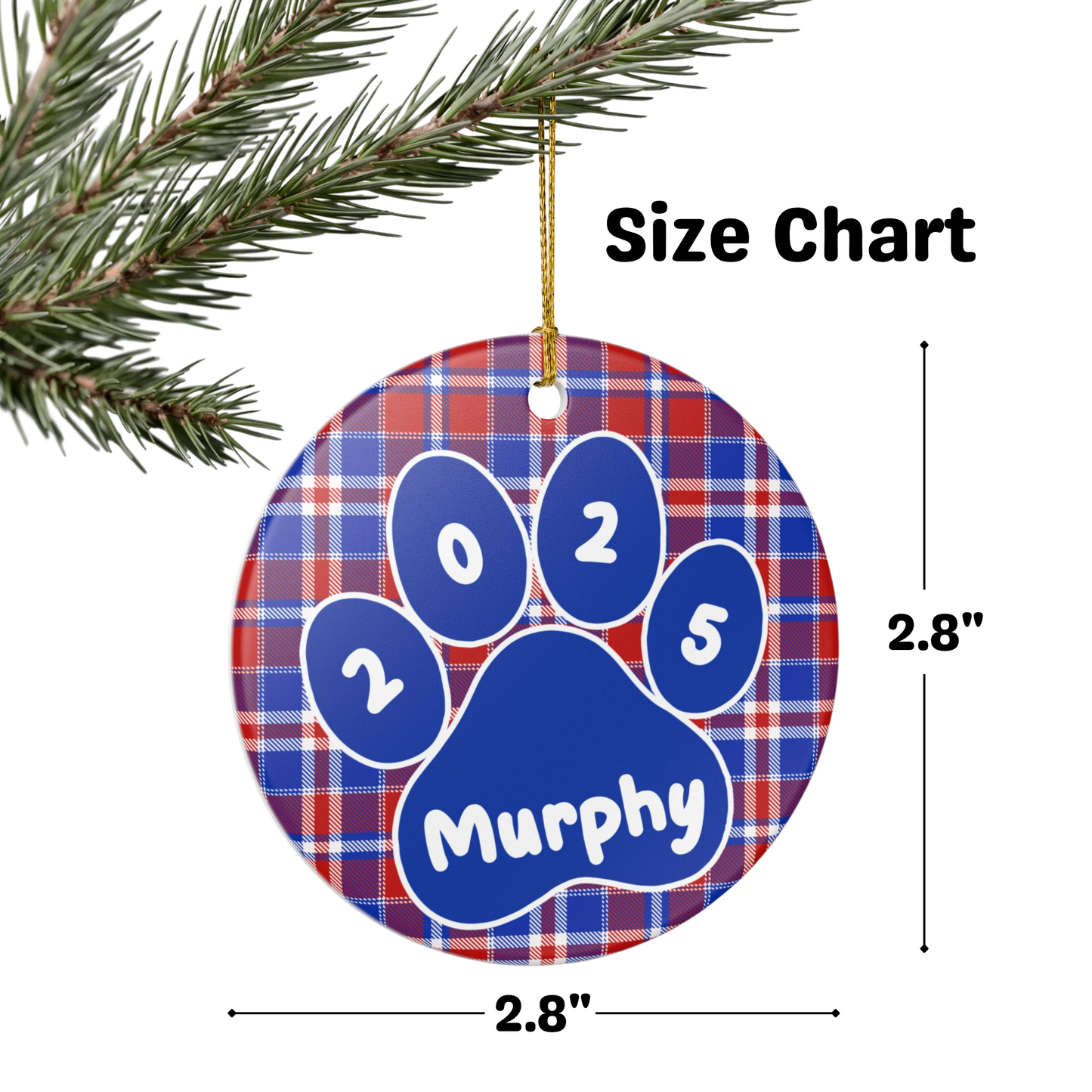 Custom Pet Name Ornament - Red, White & Blue Plaid 2025