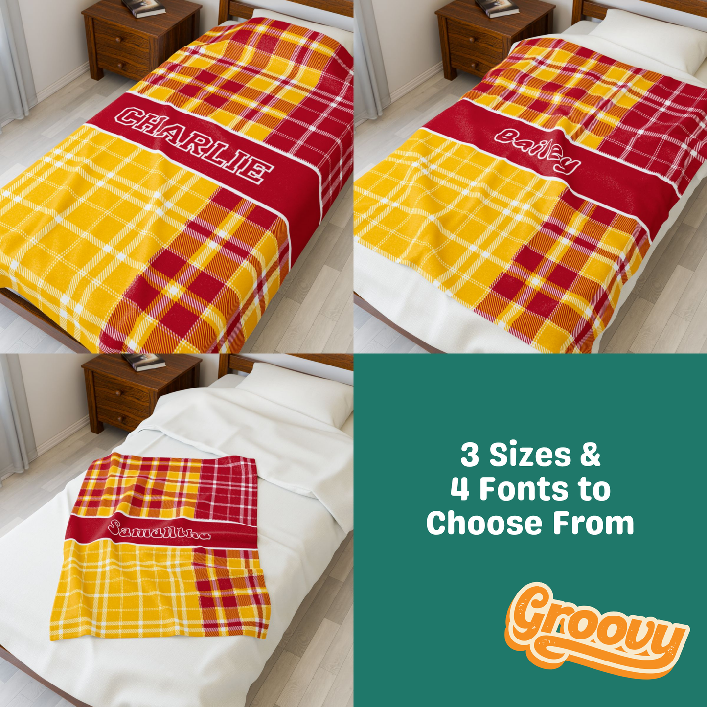 Custom Velveteen Plush Blanket - Vivid Red & Yellow Plaid