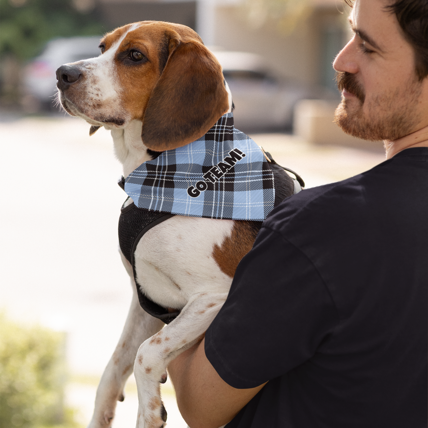 Personalized Clip-on Pet Bandana - Light Blue & Black Tartan