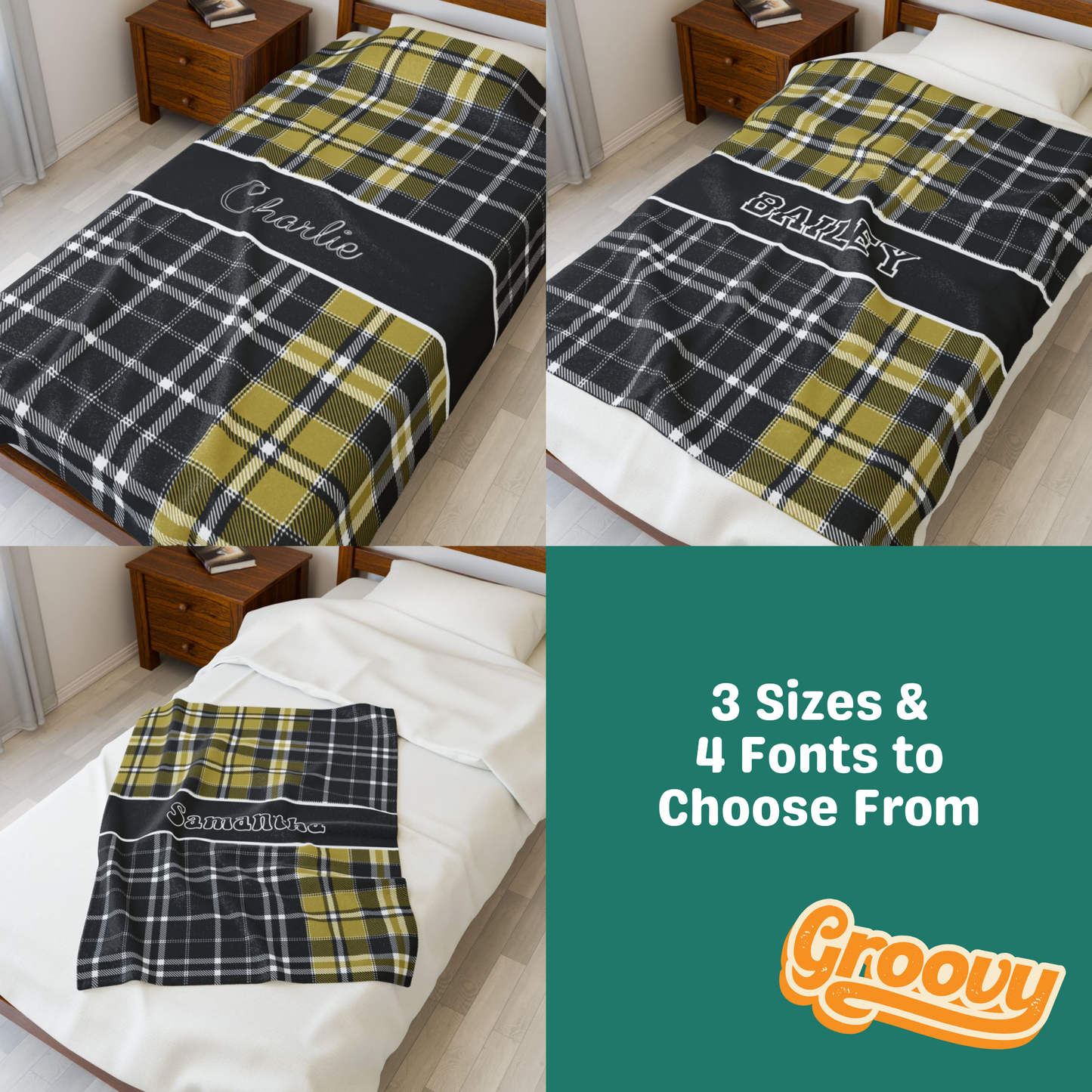 Custom Velveteen Plush Blanket - Black & Gold Plaid