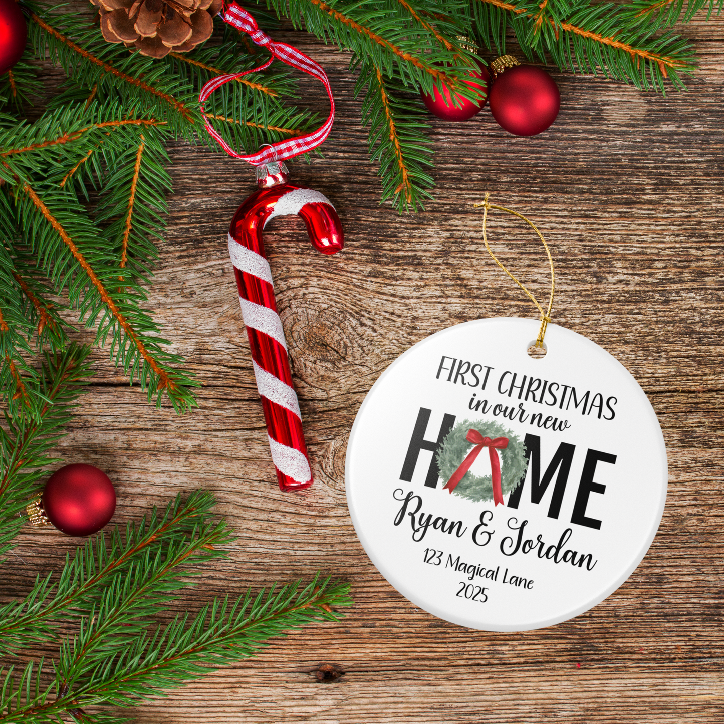 Custom Ornament - First Christmas New Home (Wreath 1)