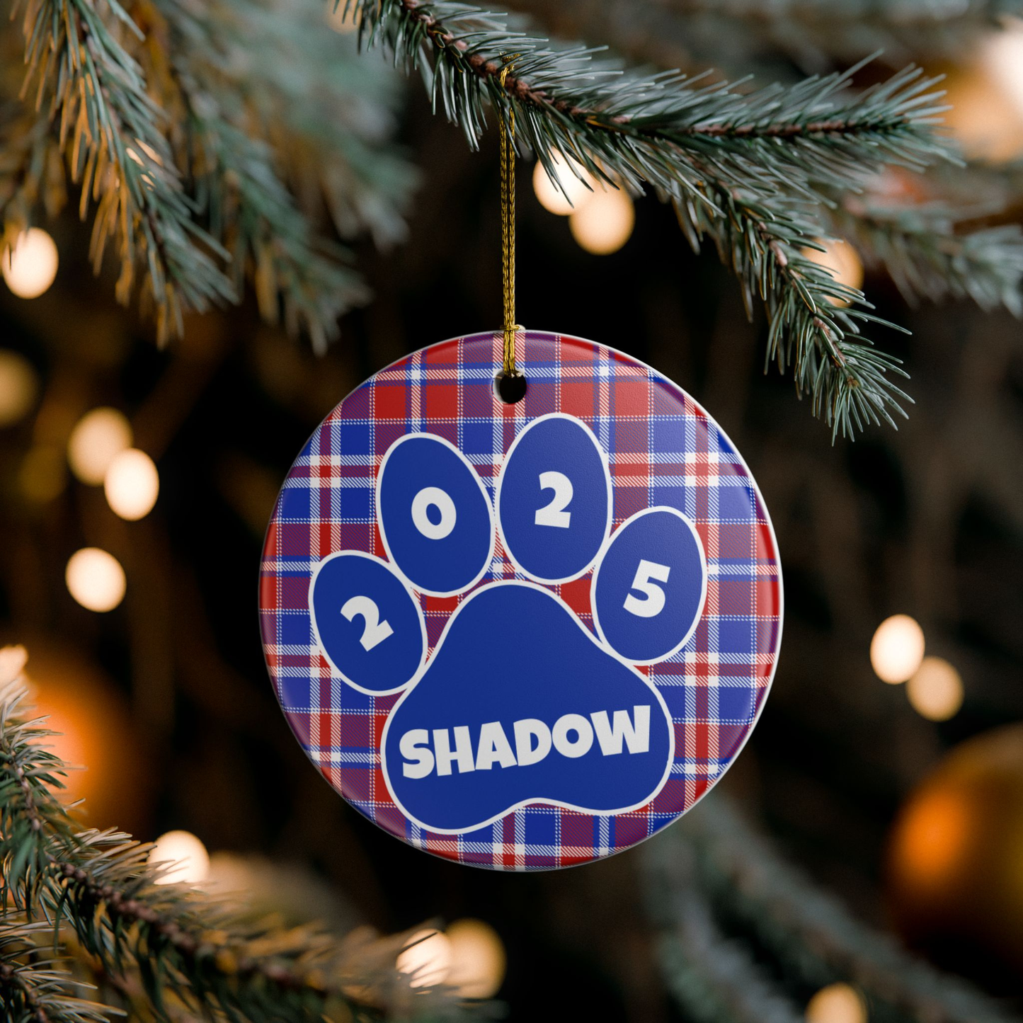 Custom Pet Name Ornament - Red, White & Blue Plaid 2025