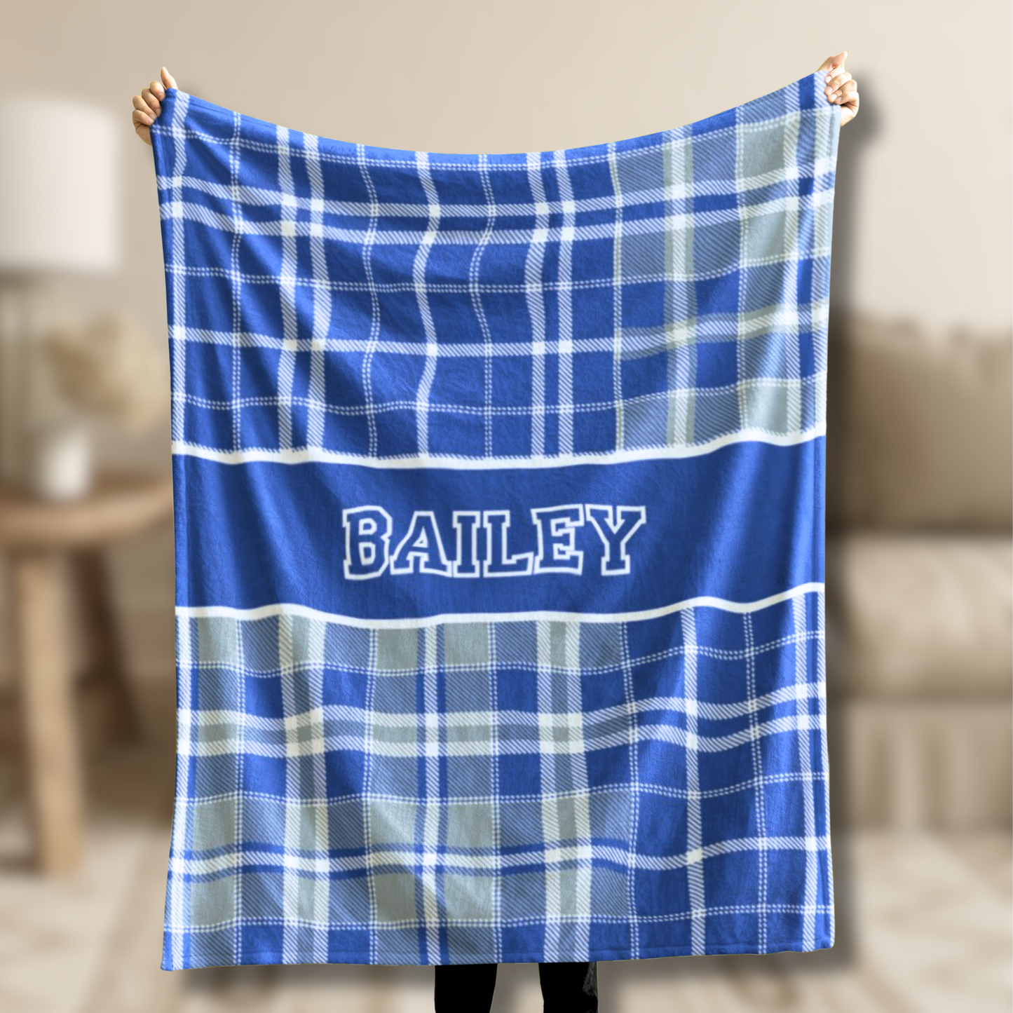Custom Velveteen Plush Blanket - Blue & Gray Plaid