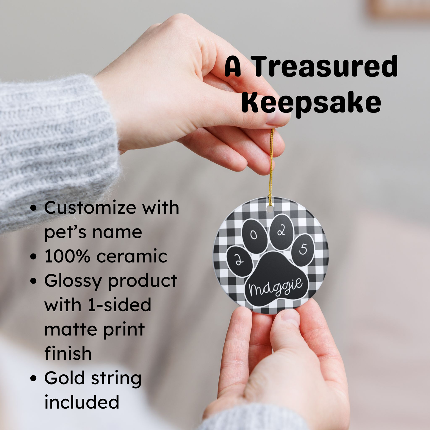 Custom Pet Name Ornament - Black & White Buffalo Plaid 2025