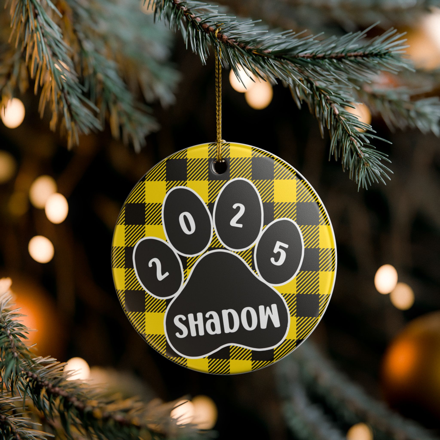 Custom Pet Name Ornament - Black & Yellow Plaid 2025