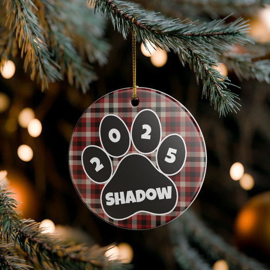 Custom Pet Name Ornament - Crimson & Black Tartan 2025