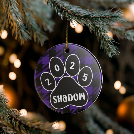 Custom Pet Name Ornament - Purple & Black Plaid 2025