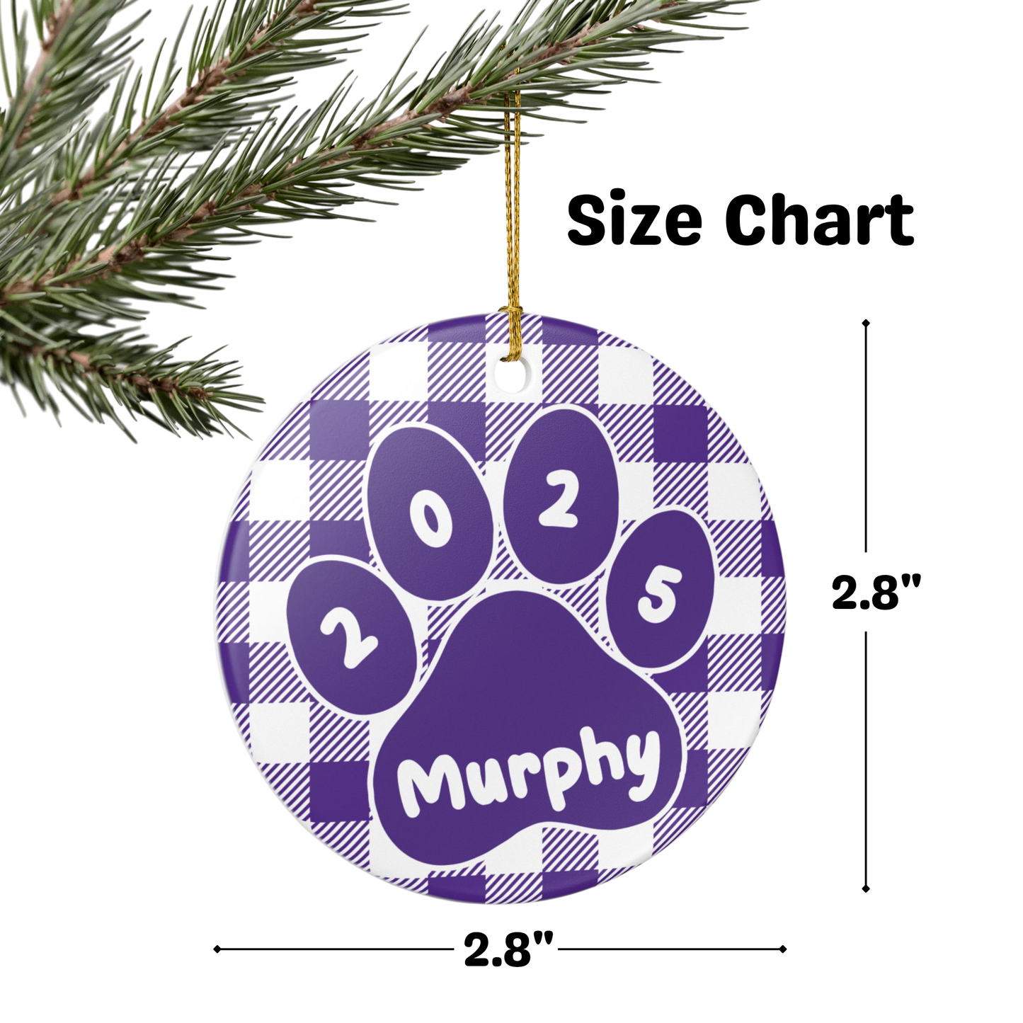 Custom Pet Name Ornament - Purple & White Plaid 2025